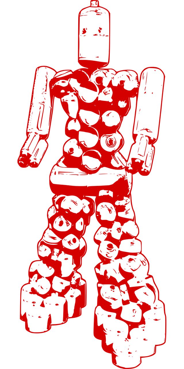 a red robot made of circles holding an object in its hands