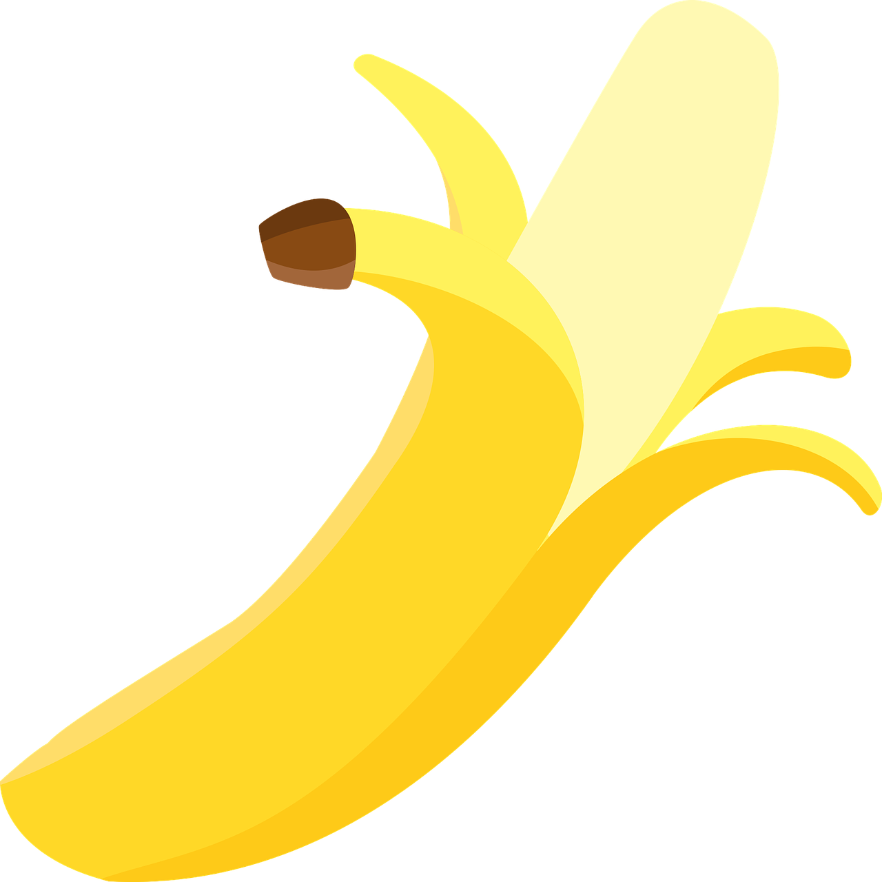 a yellow banana with a brown stalk sitting next to it