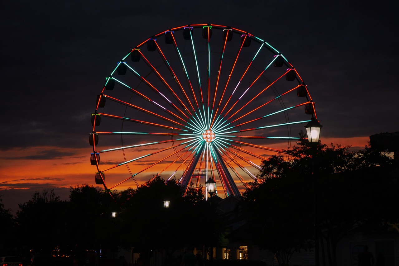 the giant wheel illuminated up at night time