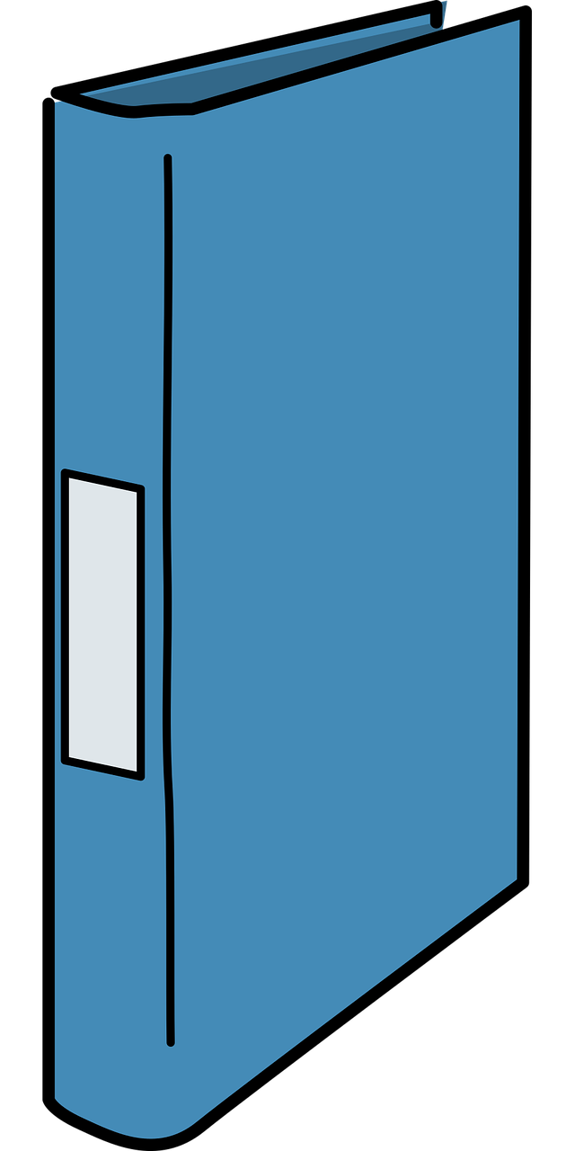 an blue binder with a white strip