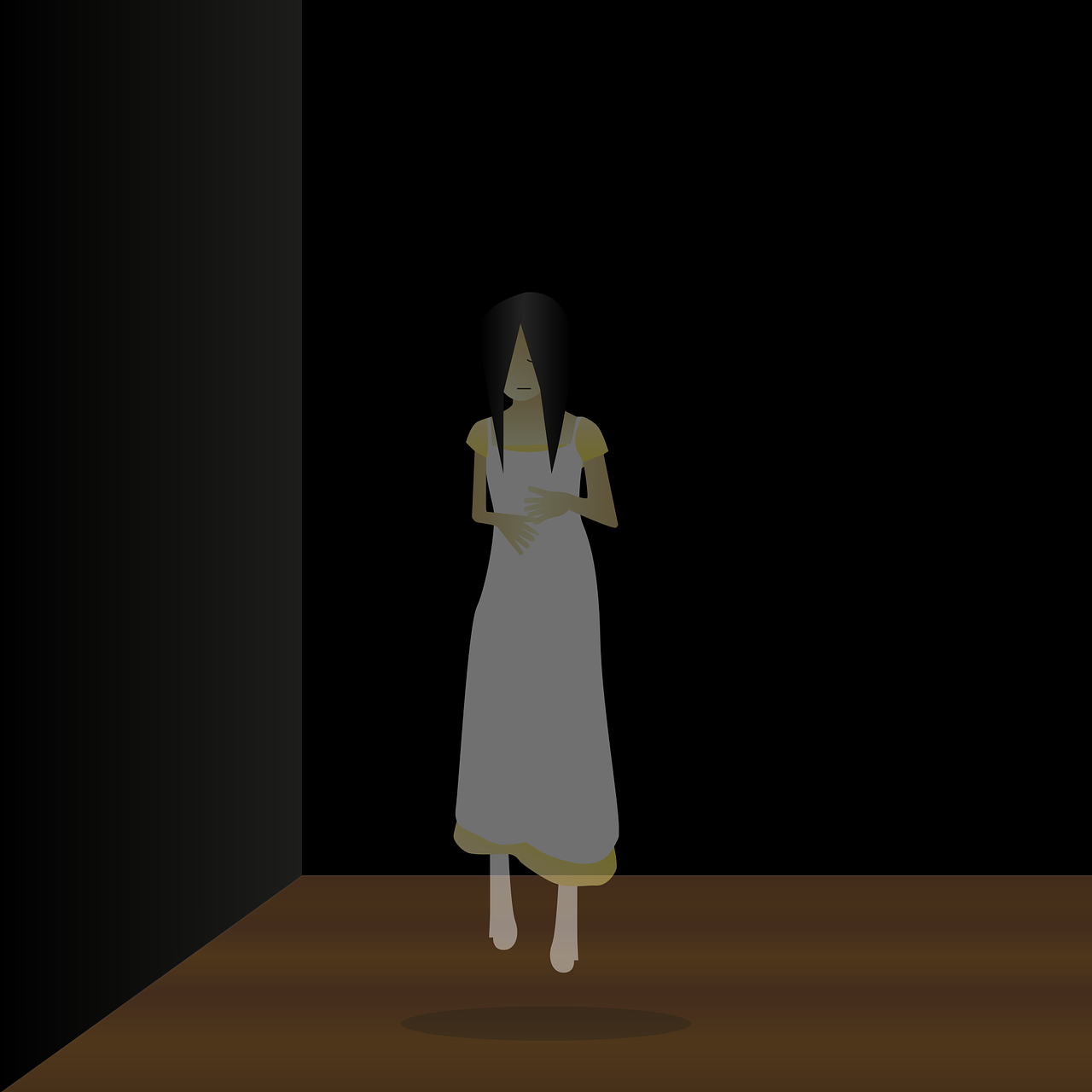 there is a woman standing in a dark room