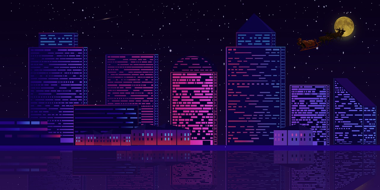 this is a city skyline with buildings all lit up at night