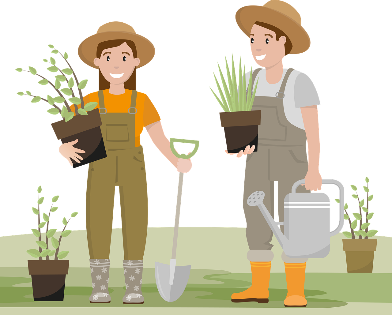 a man and woman are smiling while holding pots