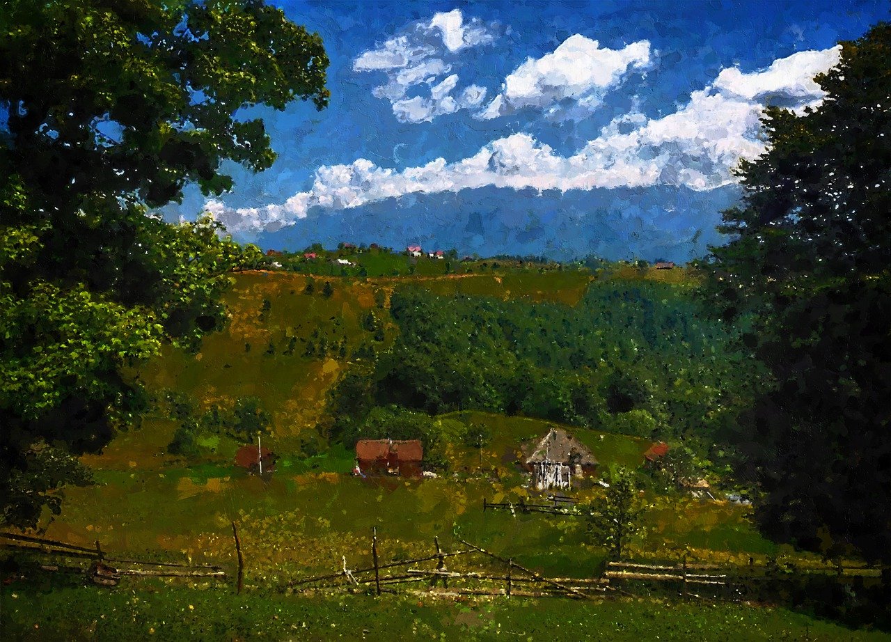 the painting shows an image of the countryside