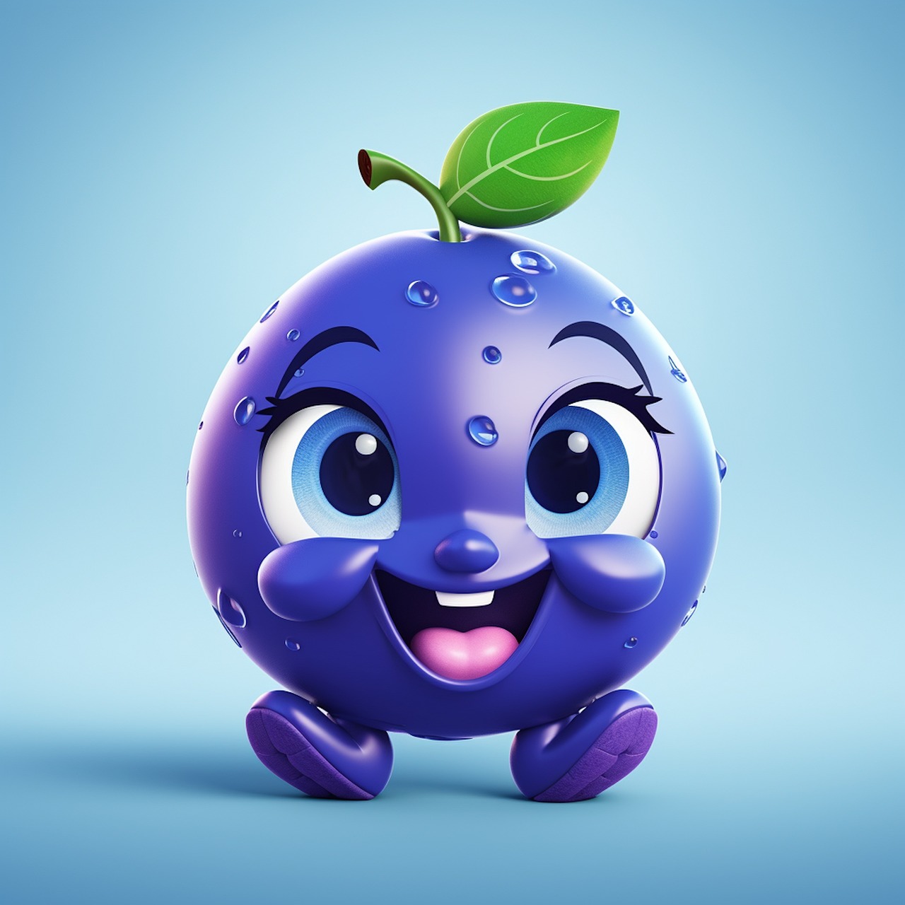 an animated blueberry with a green leaf on its head