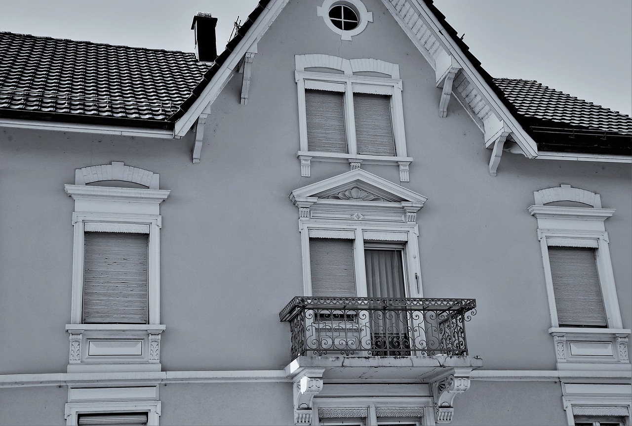 a black and white po of the front of a building