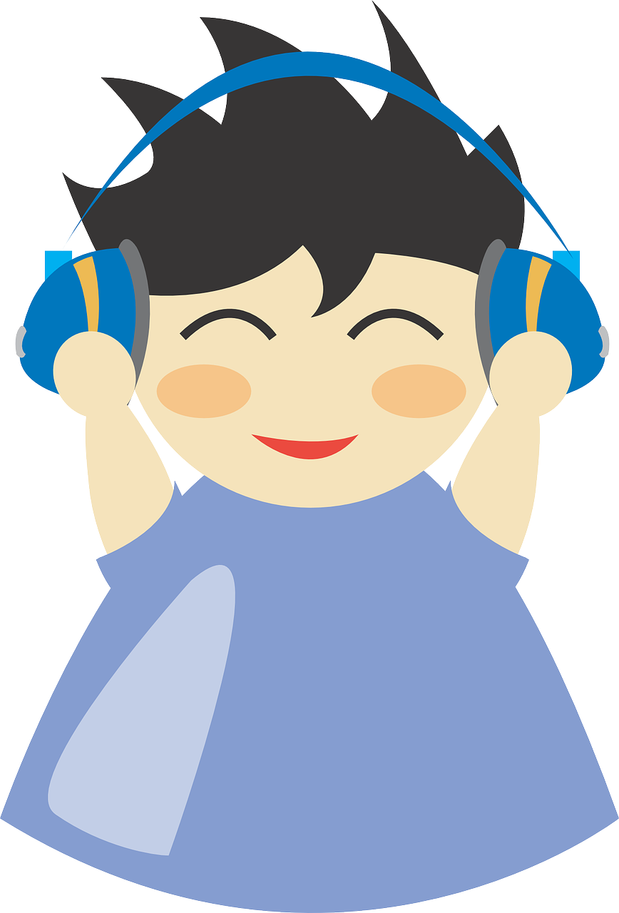 cartoon boy wearing headphones with a blue shirt