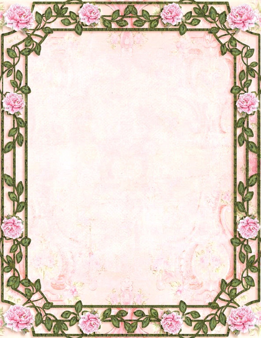 a floral frame with pink roses on white paper