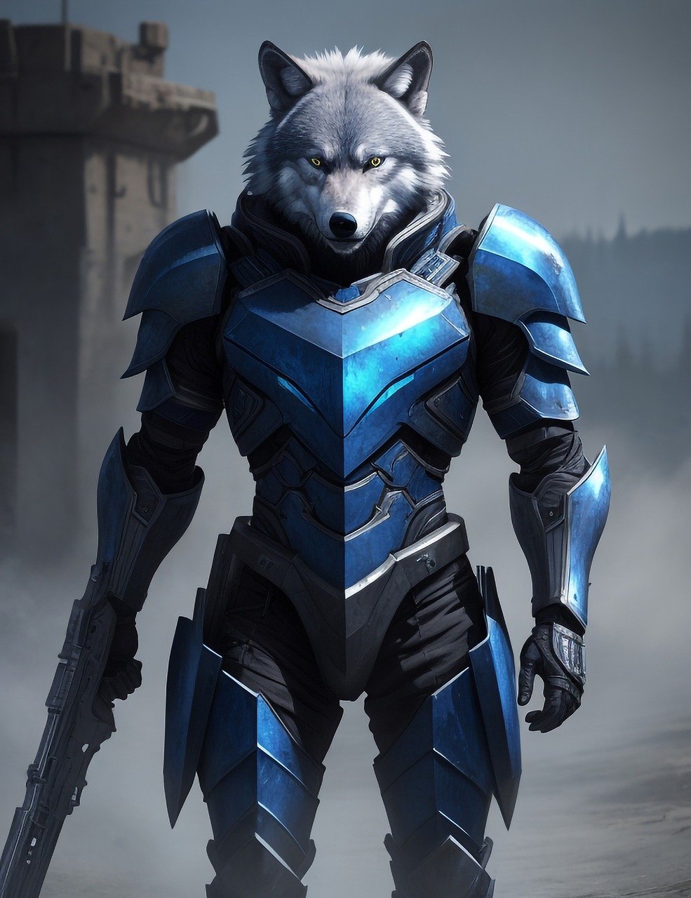 a wolf with armor and a gun stands in the fog