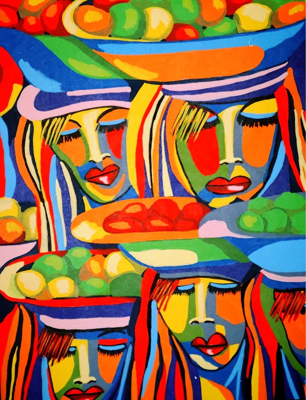 a painting of some people that have colorful faces