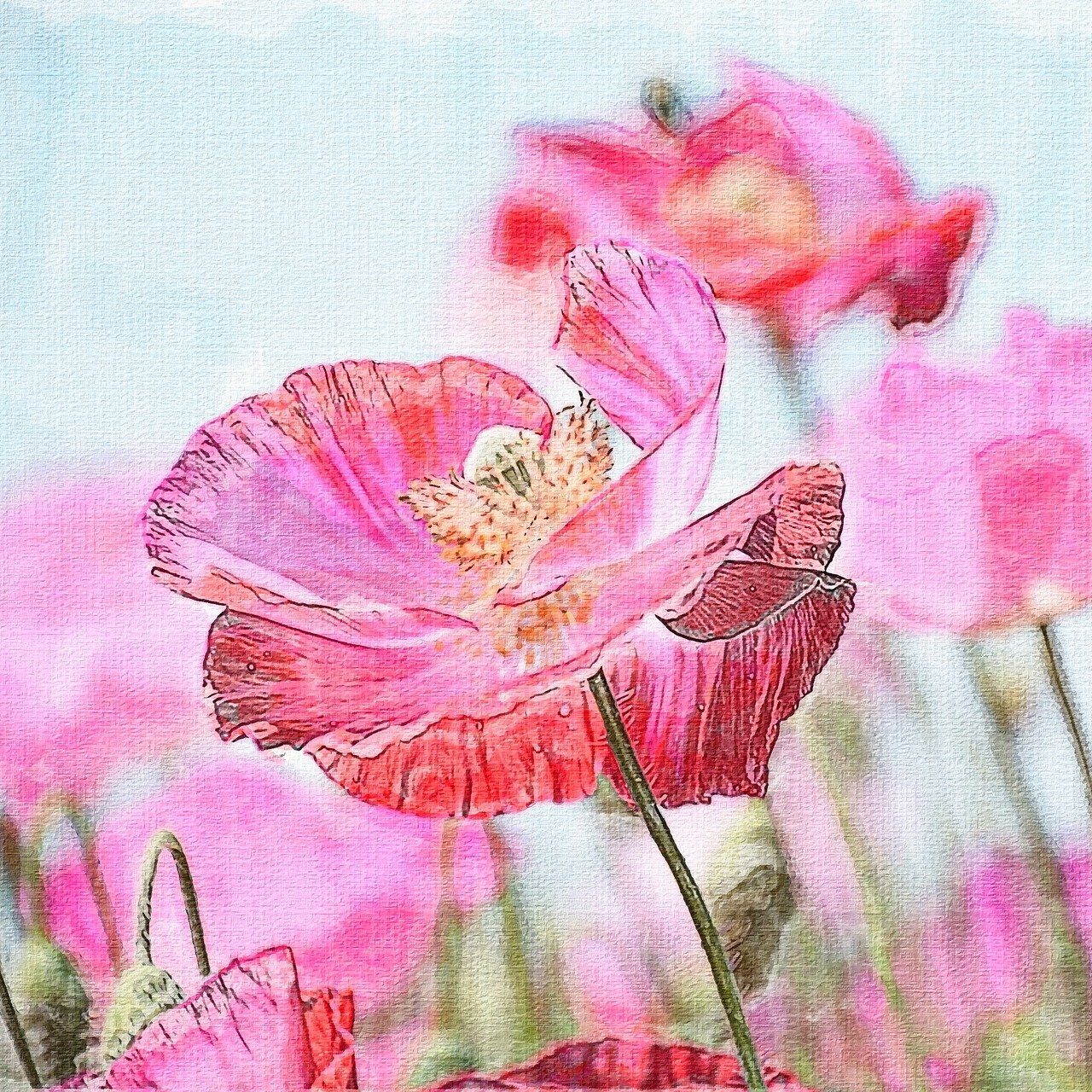 a watercolor painting with pink flowers and grass