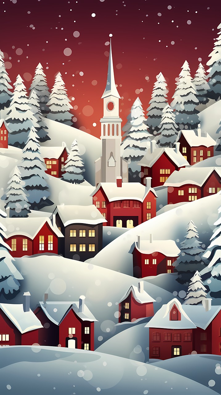 an illustration of a snowy town at night