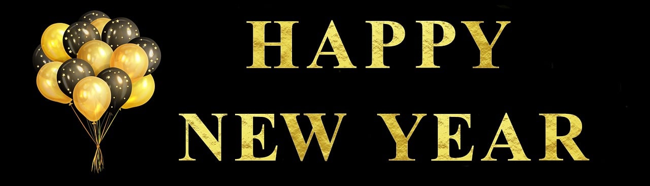 black and gold happy new year text with balloons