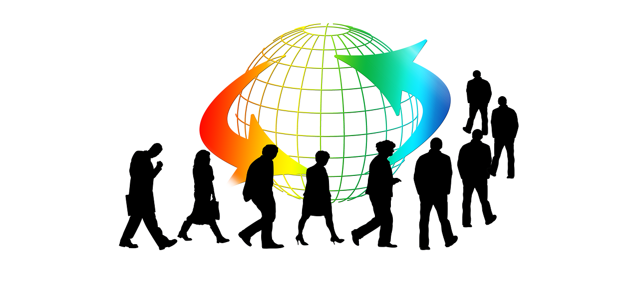 silhouettes and arrows in front of a rainbow globe