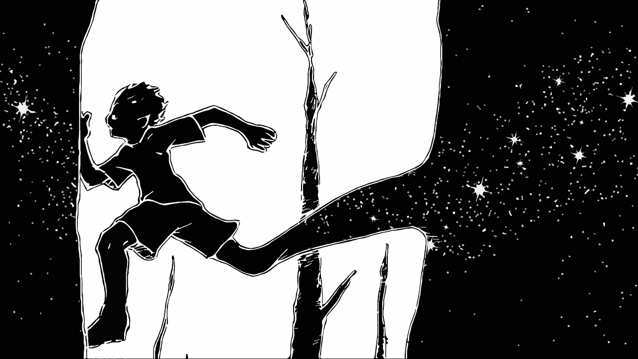 a black and white illustration of a person climbing a rock