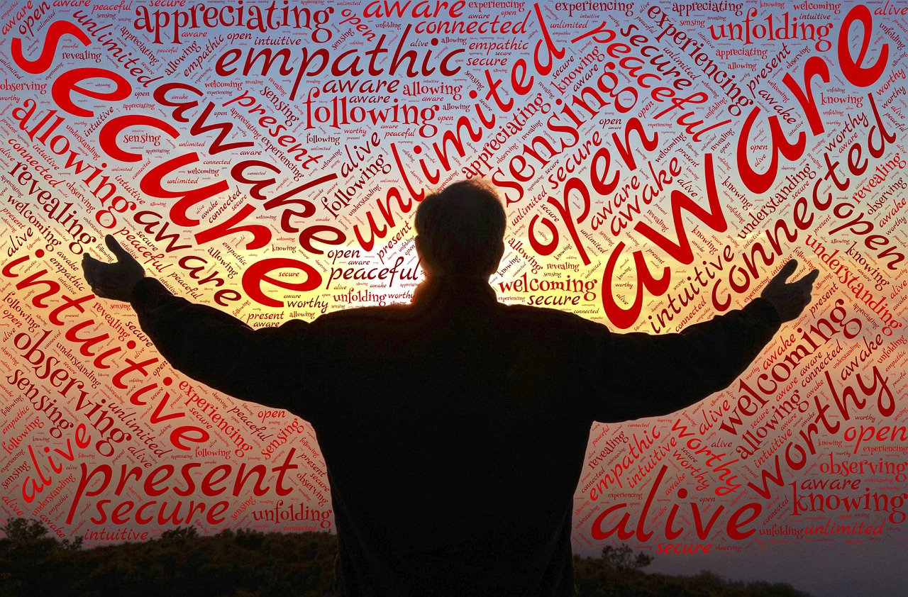 the silhouette of a man is overlaid by words
