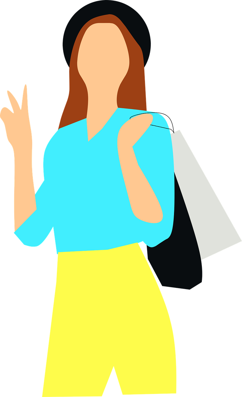 a woman is holding her bag and waving