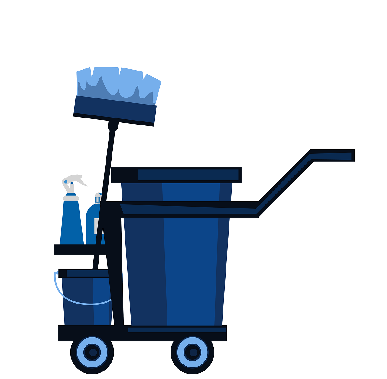 a blue garbage cart with some bottles and a broom on it