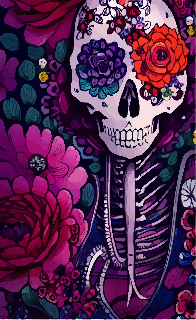 a drawing of a skeleton holding flowers in his skull