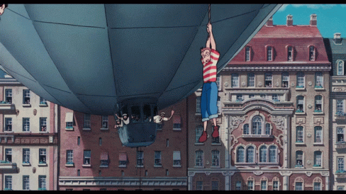 the cartoon image is looking up at a group of balloons flying in front of tall buildings