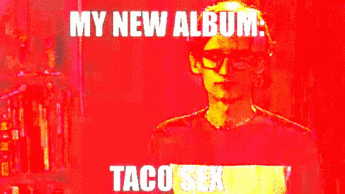 a poster of a man in glasses, text reads, my new album taco seki