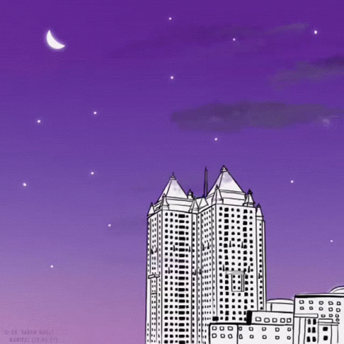 a pink sky with the moon above two buildings