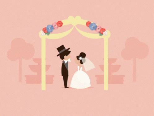 the animated picture shows a bride and groom under the wedding arch