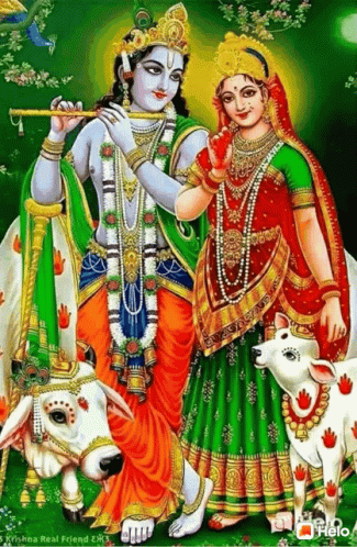 an indian painting on canvas shows hindu couple and their dog
