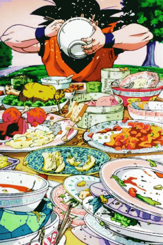 a cartoon character standing over a big table full of plates
