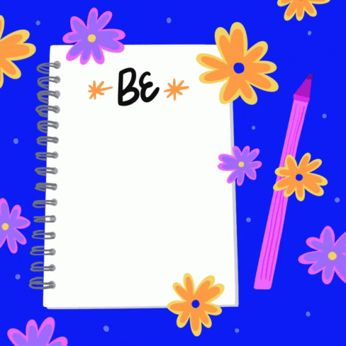 a notebook with blue flowers and letters on top of it