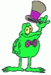the frog is wearing a top hat and holding his arms out
