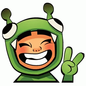 a cartoon character in a green suit giving the peace sign