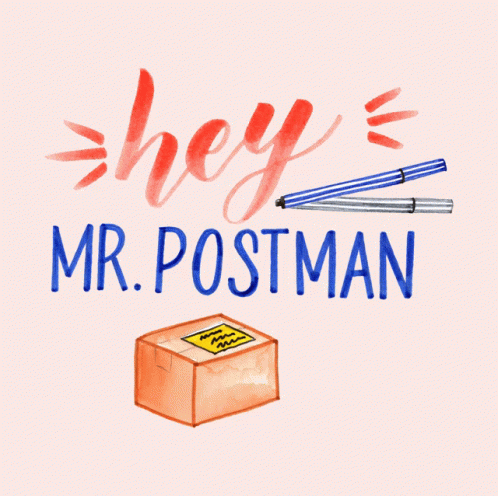 the words hey mr postman are drawn above an illustration of a box and two pencils