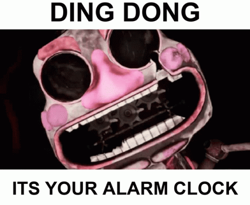 a funny purple and black picture of the face of a cartoon character with text, ding dong it's your alarm clock