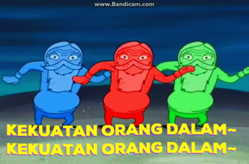 three cartoon characters standing in front of a green, blue, and brown sign that reads kekuatan orang dalam