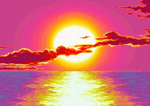 a computer generated image shows the sun setting over the ocean
