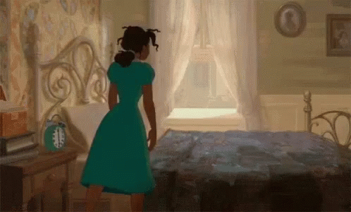 an animated person in a yellow dress stands on a bed