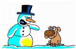 the dog is getting to know the snowman