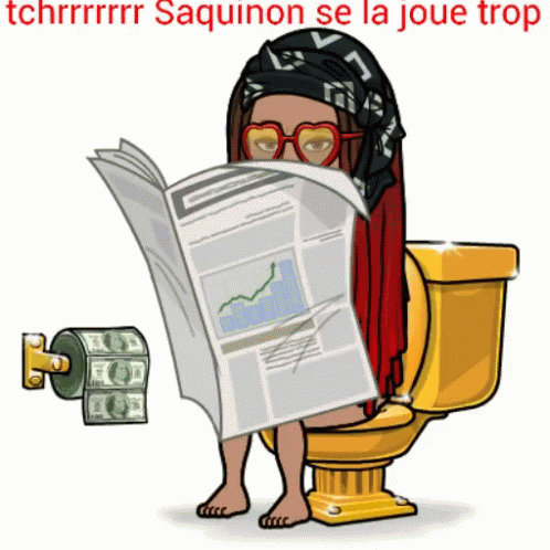 a woman sitting on top of a toilet reading a newspaper