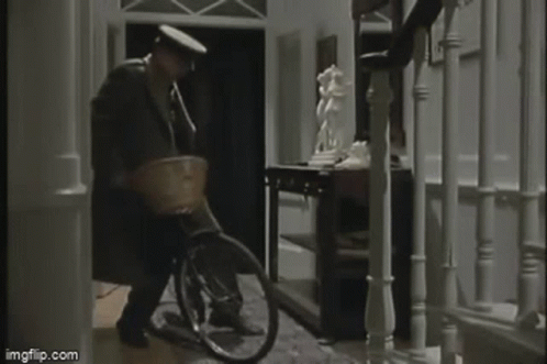 the man is carrying a bike around the house