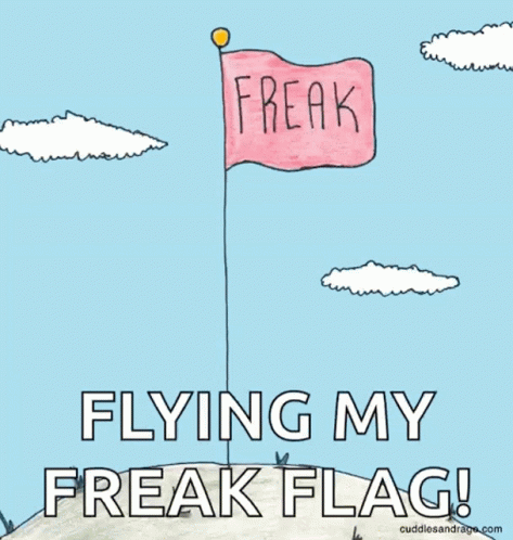 a cartoon drawing of a flag with a flag pole saying freak