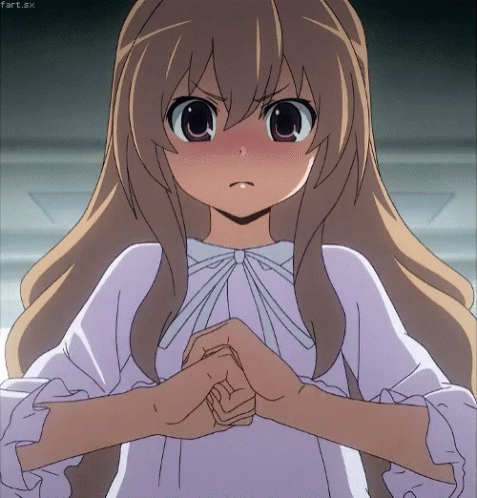 an animated girl holding hands with her face partially covered