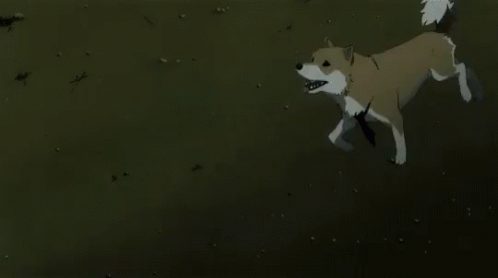 an animation image of a white and grey dog jumping in the air