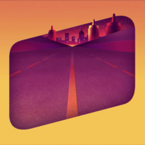 a purple square with city buildings at the side