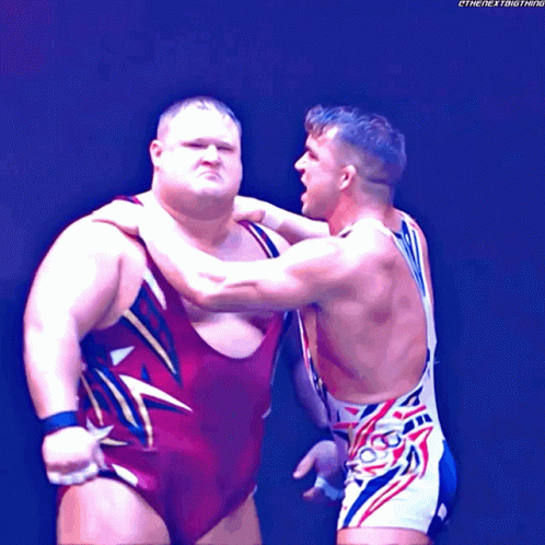 two wrestlers wearing wrestling suits pose for a po