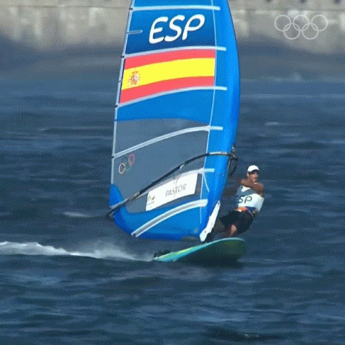 a man on a windsurfer is in the water