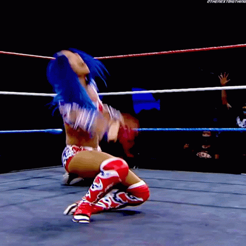 a woman in blue and white wrestling in a ring