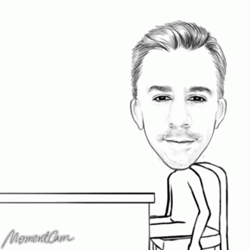 a caricature drawing of a person in front of a laptop