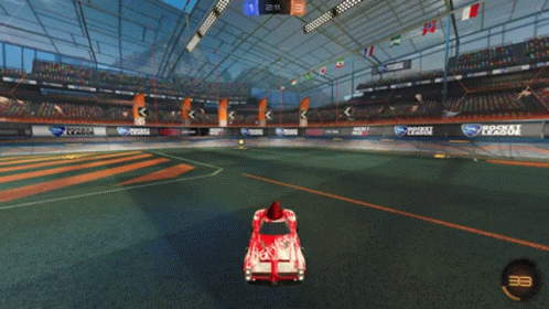 the screen shows the racing car driving through an arena
