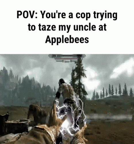 a video game with the caption pov you're a cop trying to take my uncle at apples